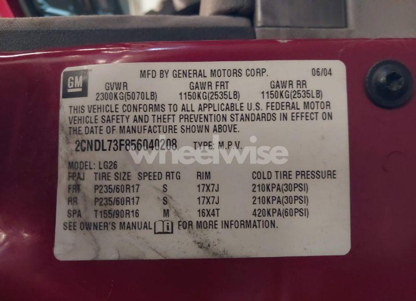 Photo 9 of 2005 Chevrolet Equinox LT (VIN 2CNDL73F856040208)