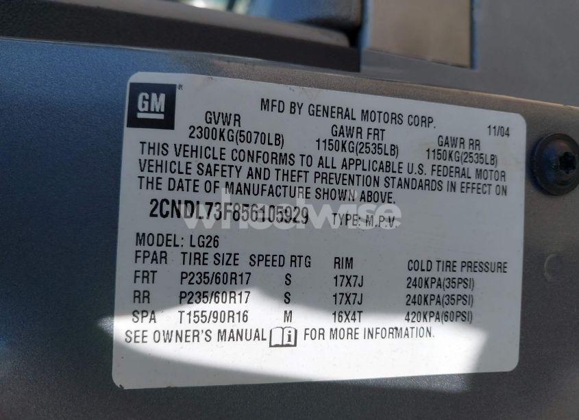 Photo 9 of 2005 Chevrolet Equinox LT (VIN 2CNDL73F856105929)