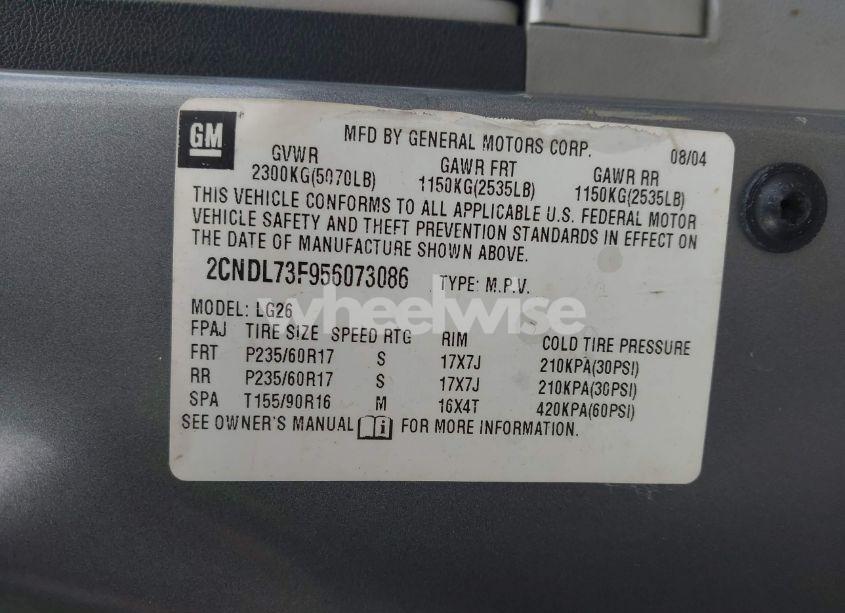 Photo 9 of 2005 Chevrolet Equinox LT (VIN 2CNDL73F956073086)