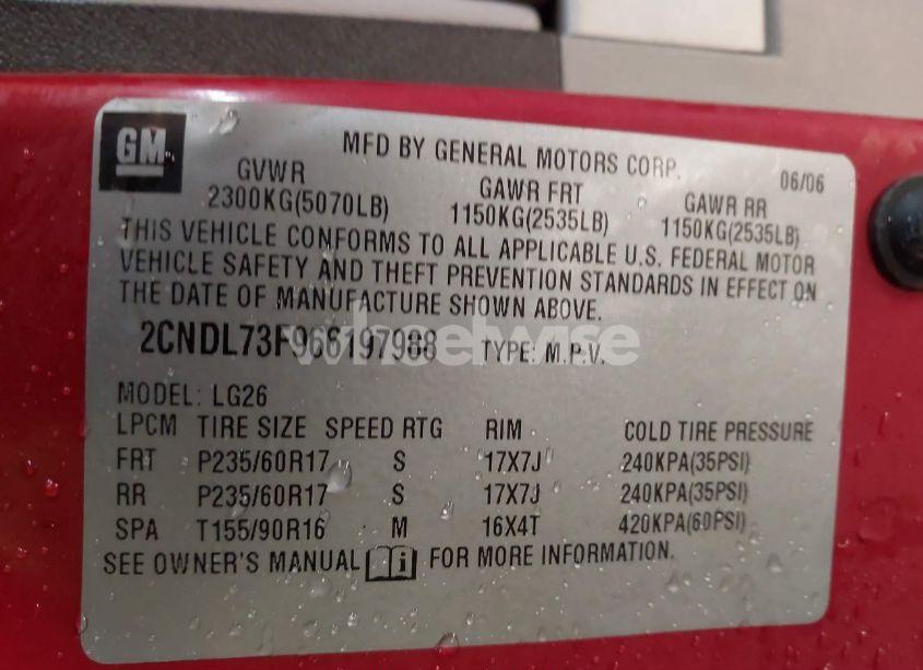 Photo 9 of 2006 Chevrolet Equinox LT (VIN 2CNDL73F966197988)
