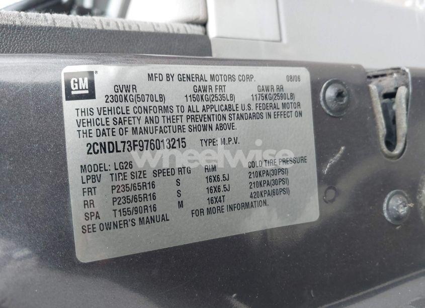 Photo 9 of 2007 Chevrolet Equinox LT (VIN 2CNDL73F976013215)