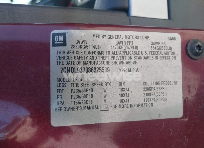 Photo 9 of 2008 Chevrolet Equinox SPORT (VIN 2CNDL937086325509)