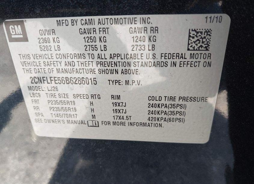 Photo 9 of 2011 Chevrolet Equinox LTZ (VIN 2CNFLFE56B6286015)