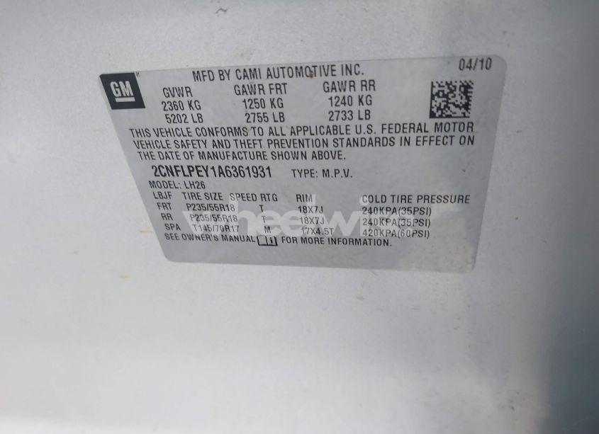 Photo 9 of 2010 Chevrolet Equinox LT (VIN 2CNFLPEY1A6361931)