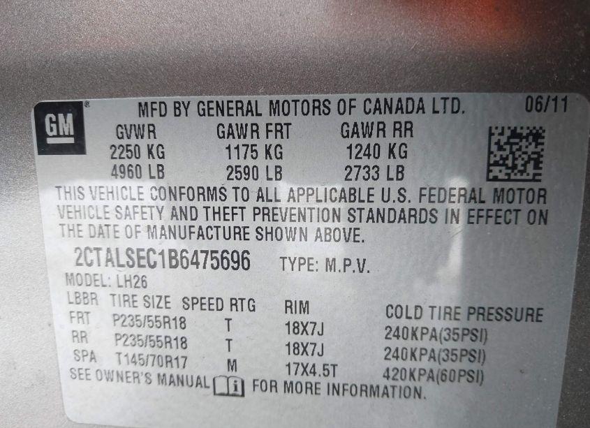 Photo 9 of 2011 Gmc Terrain SLE-2 (VIN 2CTALSEC1B6475696)