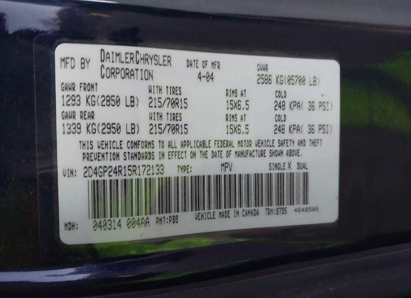 Photo 9 of 2005 Dodge Grand CARAVAN SE (VIN 2D4GP24R15R172133)