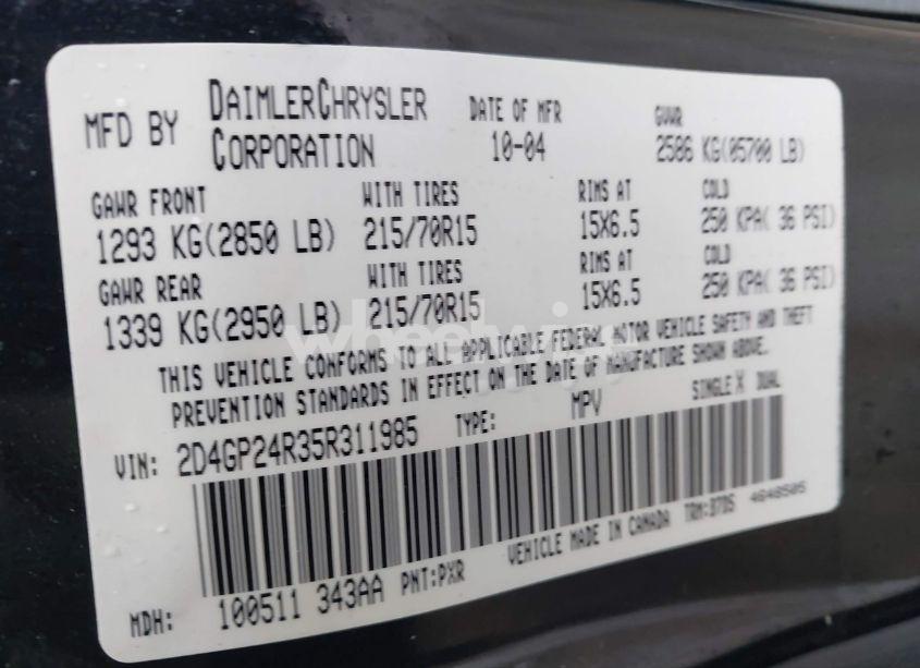 Photo 9 of 2005 Dodge Grand CARAVAN SE (VIN 2D4GP24R35R311985)