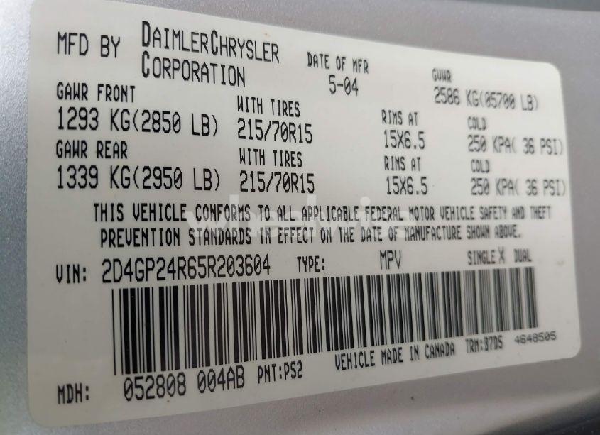 Photo 9 of 2005 Dodge Grand CARAVAN SE (VIN 2D4GP24R65R203604)