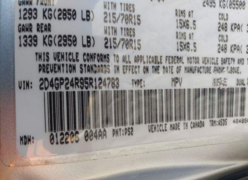 Photo 9 of 2005 Dodge Grand CARAVAN SE (VIN 2D4GP24R95R124783)