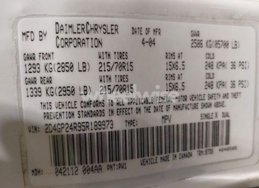 Photo 9 of 2005 Dodge Grand CARAVAN SE (VIN 2D4GP24R95R189973)