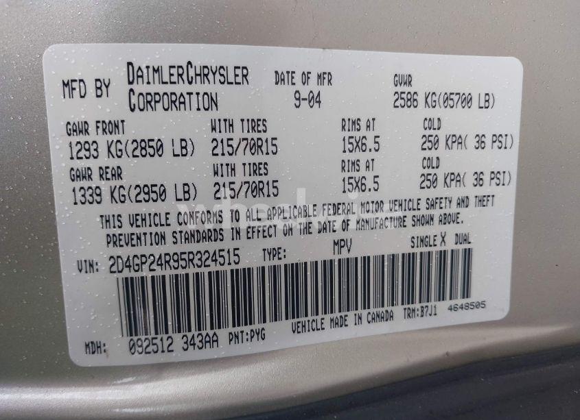 Photo 9 of 2005 Dodge Grand CARAVAN SE (VIN 2D4GP24R95R324515)