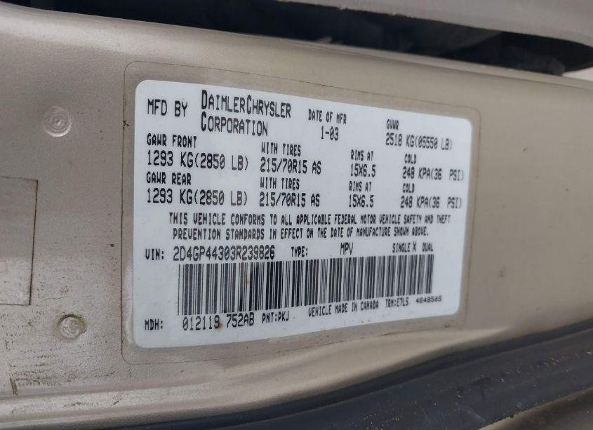 Photo 9 of 2003 Dodge Grand CARAVAN SPORT (VIN 2D4GP44303R239826)