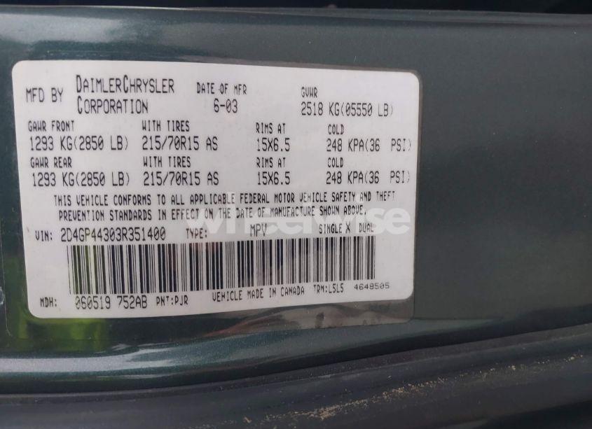 Photo 9 of 2003 Dodge Grand CARAVAN SPORT (VIN 2D4GP44303R351400)
