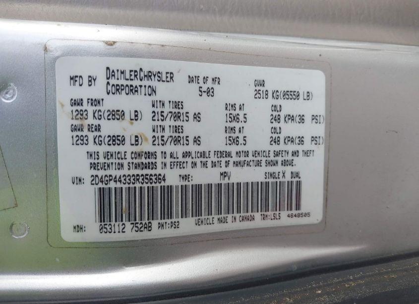 Photo 9 of 2003 Dodge Grand CARAVAN SPORT (VIN 2D4GP44333R356364)