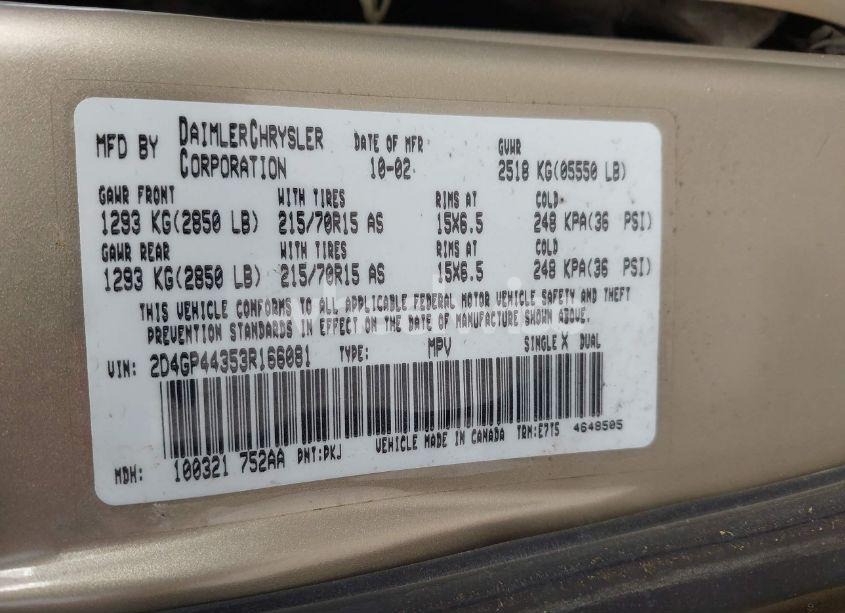 Photo 8 of 2003 Dodge Grand CARAVAN SPORT (VIN 2D4GP44353R166081)