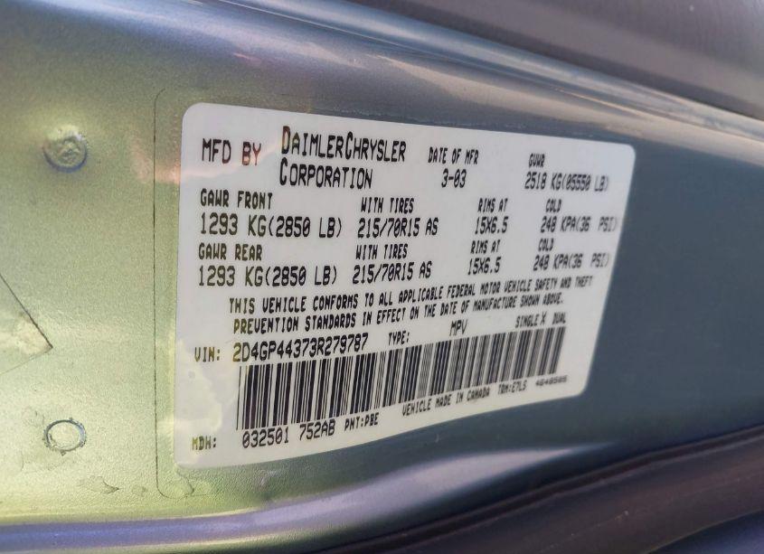 Photo 9 of 2003 Dodge Grand CARAVAN SPORT (VIN 2D4GP44373R279787)