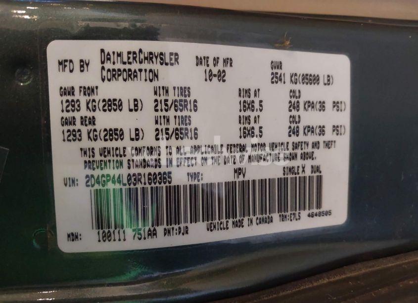 Photo 9 of 2003 Dodge Grand CARAVAN SPORT (VIN 2D4GP44L03R160365)