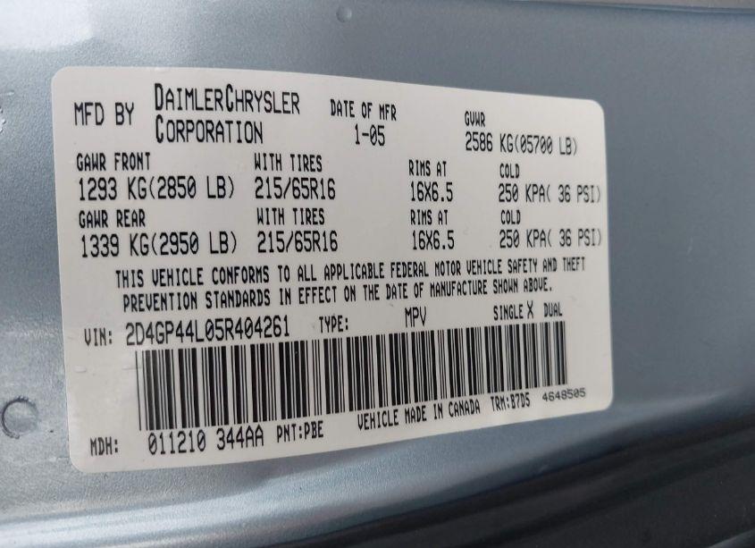 Photo 9 of 2005 Dodge Grand CARAVAN SXT (VIN 2D4GP44L05R404261)