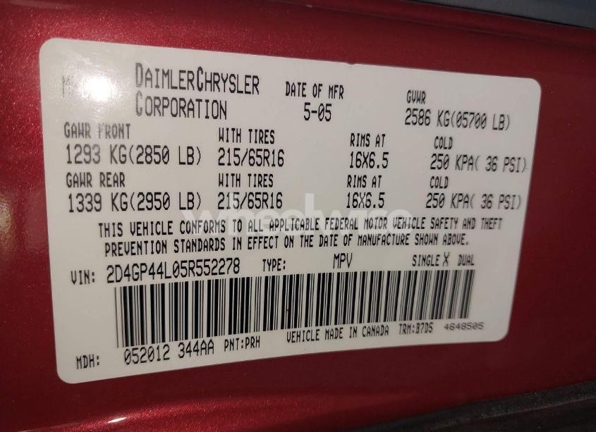 Photo 9 of 2005 Dodge Grand CARAVAN SXT (VIN 2D4GP44L05R552278)