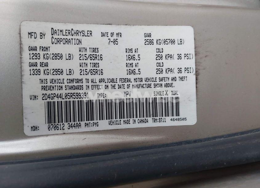 Photo 9 of 2005 Dodge Grand CARAVAN SXT (VIN 2D4GP44L05R599391)