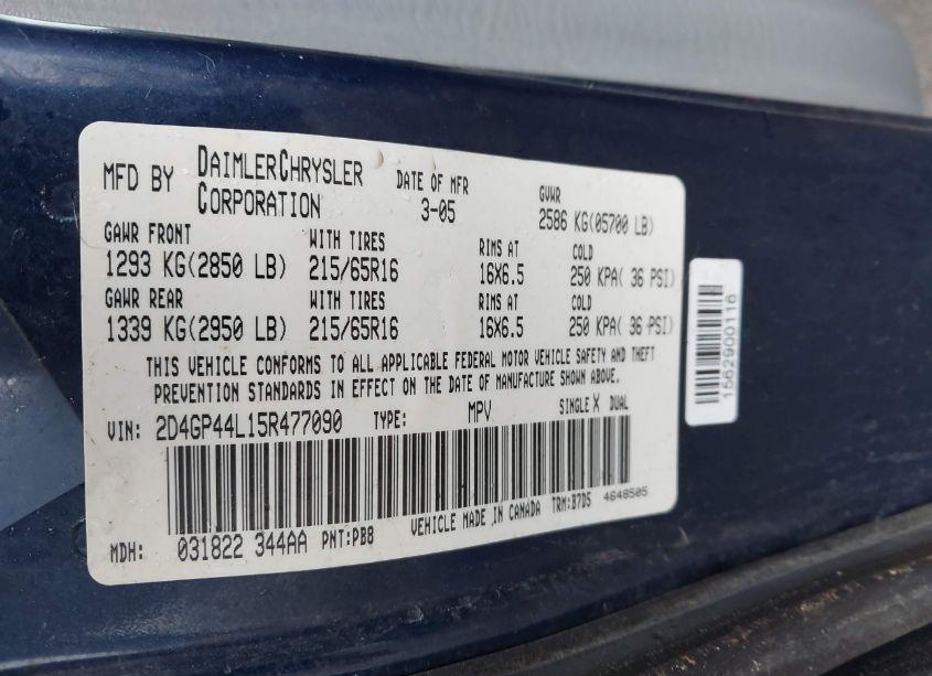 Photo 9 of 2005 Dodge Grand CARAVAN SXT (VIN 2D4GP44L15R477090)