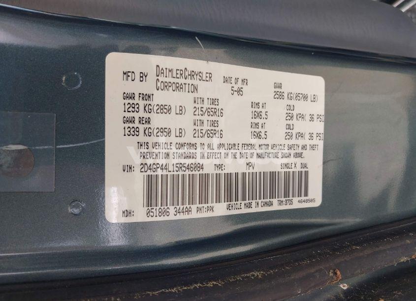 Photo 9 of 2005 Dodge Grand CARAVAN SXT (VIN 2D4GP44L15R546084)