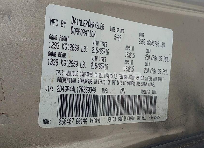 Photo 9 of 2007 Dodge Grand CARAVAN SXT (VIN 2D4GP44L17R360340)