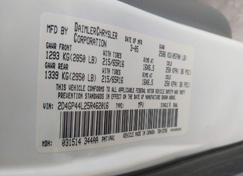 Photo 9 of 2005 Dodge Grand CARAVAN SXT (VIN 2D4GP44L25R462016)