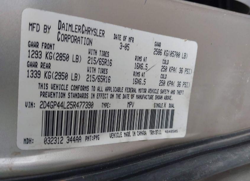 Photo 9 of 2005 Dodge Grand CARAVAN SXT (VIN 2D4GP44L25R477390)