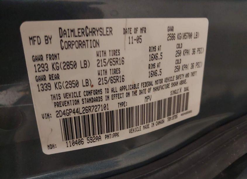 Photo 9 of 2006 Dodge Grand CARAVAN SXT (VIN 2D4GP44L26R727101)