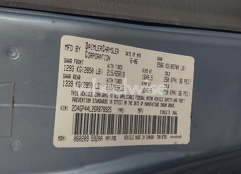 Photo 9 of 2006 Dodge Grand CARAVAN SXT (VIN 2D4GP44L26R878925)