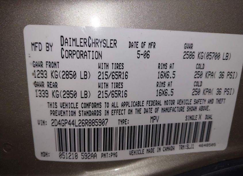 Photo 9 of 2006 Dodge Grand CARAVAN SXT (VIN 2D4GP44L26R885907)