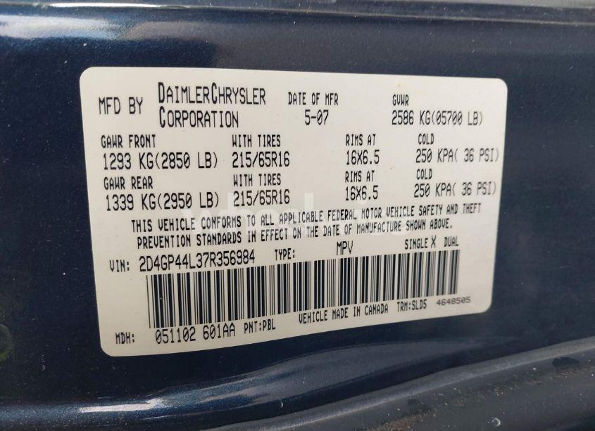Photo 9 of 2007 Dodge Grand CARAVAN SXT (VIN 2D4GP44L37R356984)