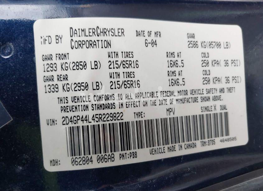 Photo 9 of 2005 Dodge Grand CARAVAN SXT (VIN 2D4GP44L45R229822)