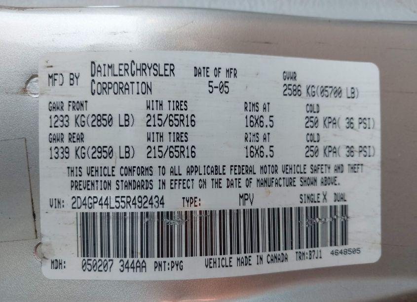 Photo 9 of 2005 Dodge Grand CARAVAN SXT (VIN 2D4GP44L55R492434)