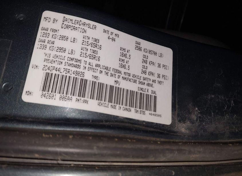 Photo 9 of 2005 Dodge Grand CARAVAN SXT (VIN 2D4GP44L75R149026)