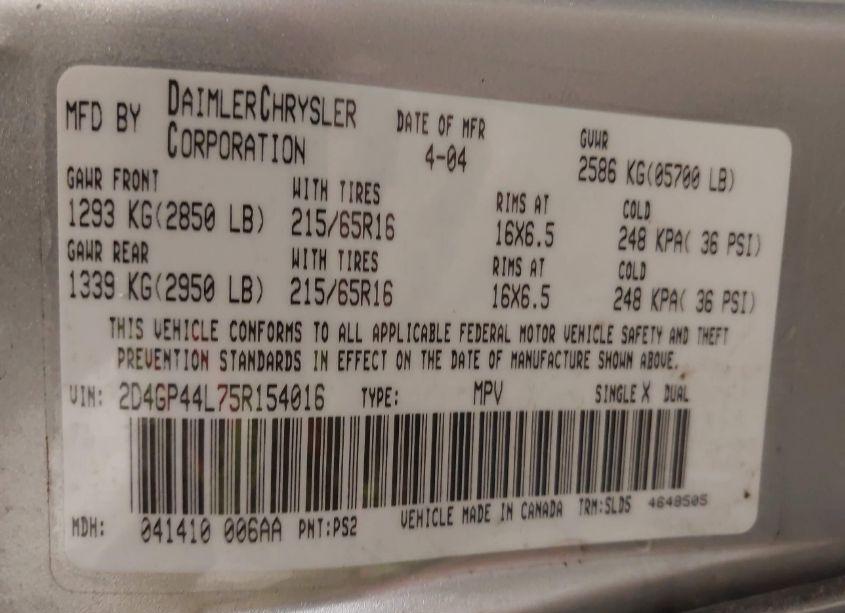 Photo 9 of 2005 Dodge Grand CARAVAN SXT (VIN 2D4GP44L75R154016)