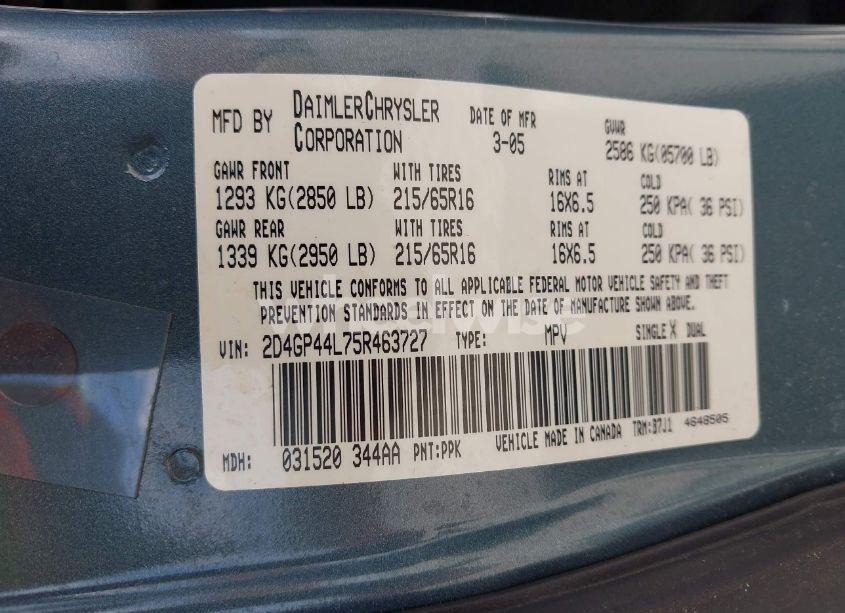 Photo 9 of 2005 Dodge Grand CARAVAN SXT (VIN 2D4GP44L75R463727)