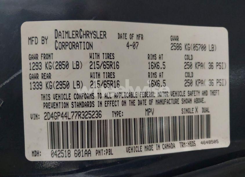 Photo 9 of 2007 Dodge Grand CARAVAN SXT (VIN 2D4GP44L77R325236)