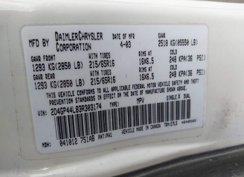 Photo 9 of 2003 Dodge Grand CARAVAN SPORT (VIN 2D4GP44L83R303174)