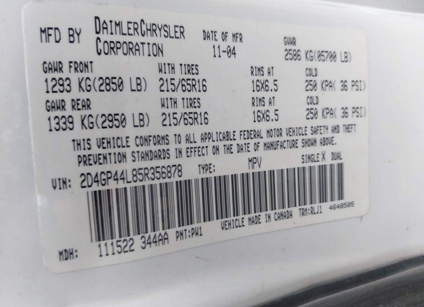 Photo 9 of 2005 Dodge Grand CARAVAN SXT (VIN 2D4GP44L85R356878)