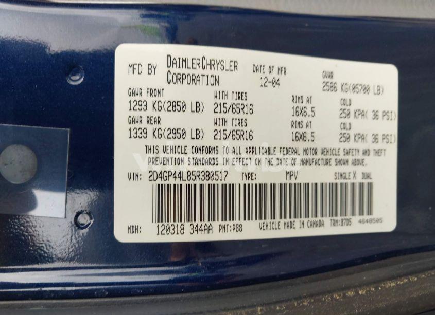 Photo 9 of 2005 Dodge Grand CARAVAN SXT (VIN 2D4GP44L85R380517)