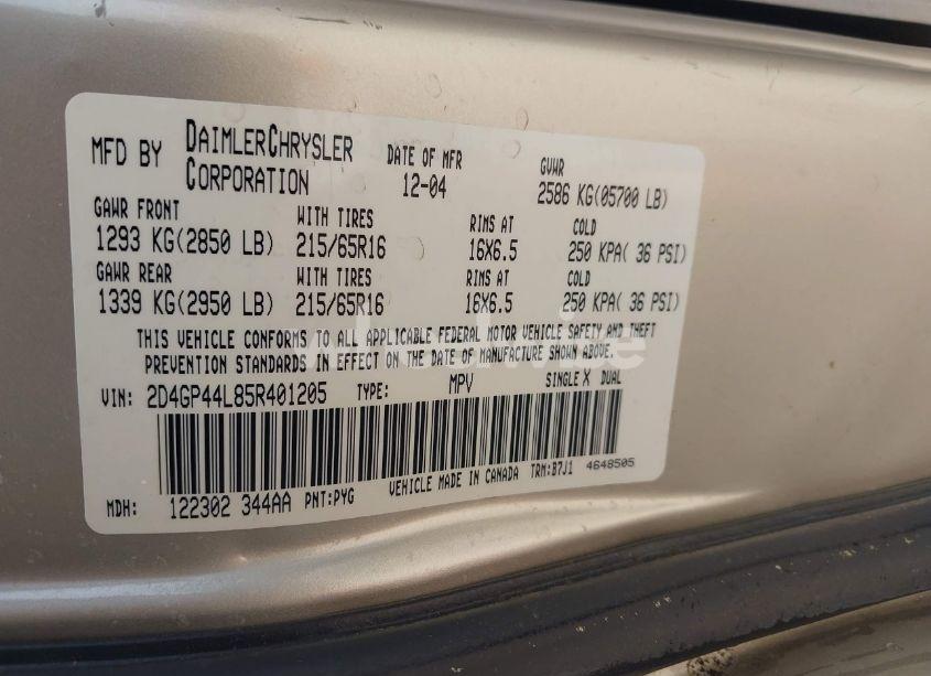 Photo 9 of 2005 Dodge Grand CARAVAN SXT (VIN 2D4GP44L85R401205)