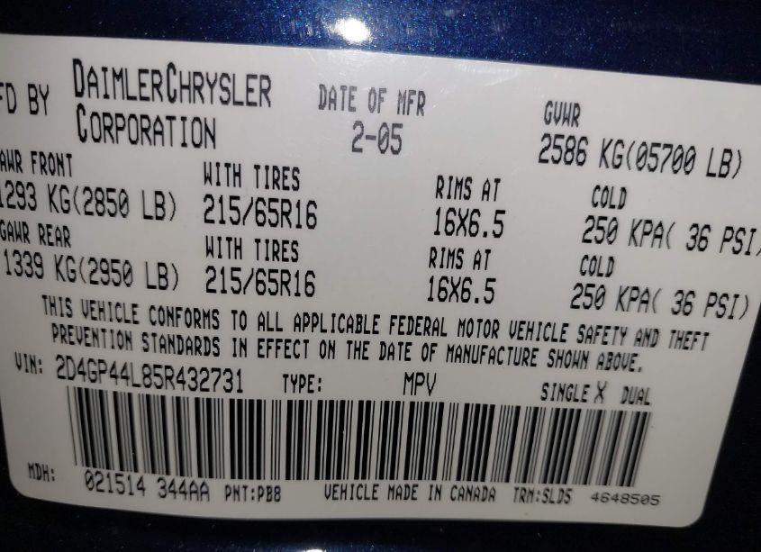 Photo 9 of 2005 Dodge Grand CARAVAN SXT (VIN 2D4GP44L85R432731)