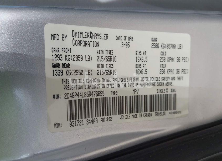 Photo 9 of 2005 Dodge Grand CARAVAN SXT (VIN 2D4GP44L85R476695)