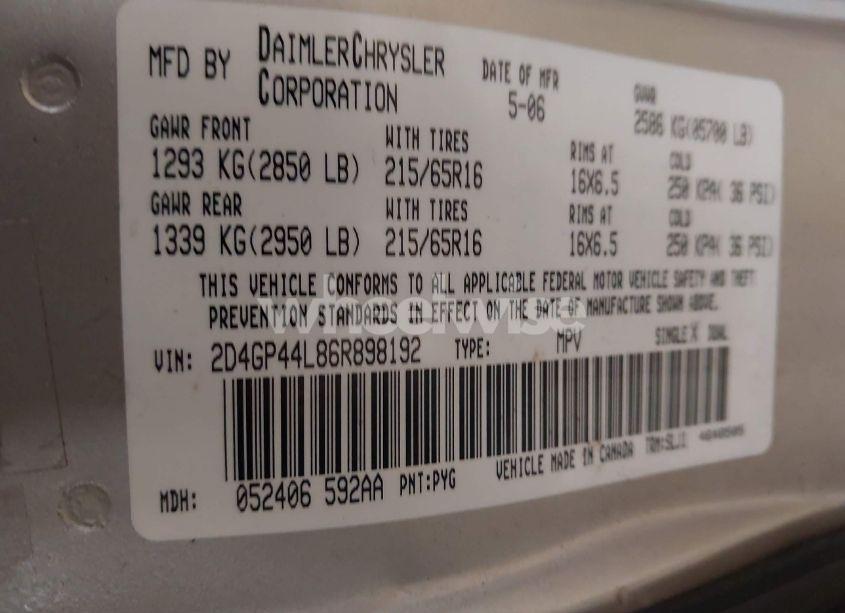 Photo 9 of 2006 Dodge Grand CARAVAN SXT (VIN 2D4GP44L86R898192)