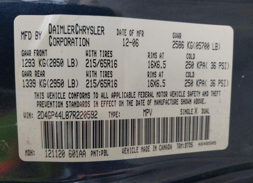 Photo 9 of 2007 Dodge Grand CARAVAN SXT (VIN 2D4GP44L87R220592)