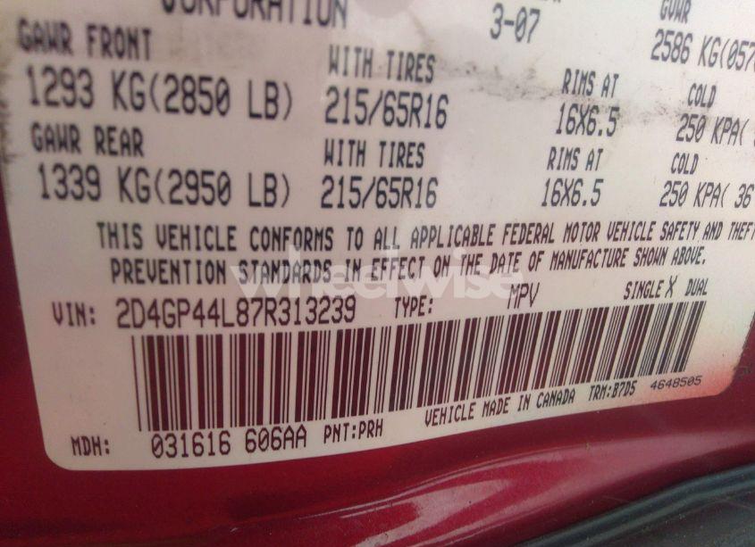 Photo 9 of 2007 Dodge Grand CARAVAN SXT (VIN 2D4GP44L87R313239)