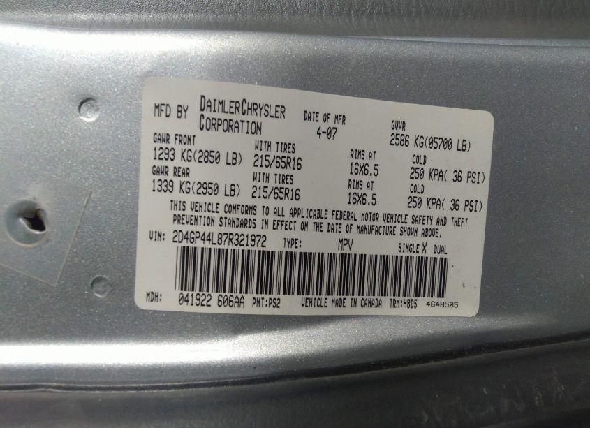 Photo 9 of 2007 Dodge Grand CARAVAN SXT (VIN 2D4GP44L87R321972)