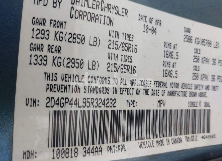 Photo 9 of 2005 Dodge Grand CARAVAN SXT (VIN 2D4GP44L95R324232)